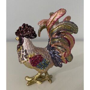 Multicolor‎ Metal Bejewled Rooster Chicken Trinket Box Enamel Interior Gold Tone